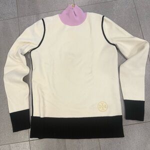 Tory Burch Cream Sweater with Black Trim and Pink Turtleneck